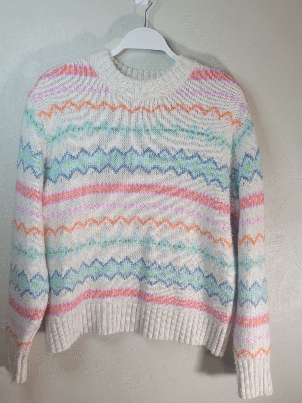 American Eagle Outfitters White Crewneck Sweater with Pastel Stripes-  Size XS